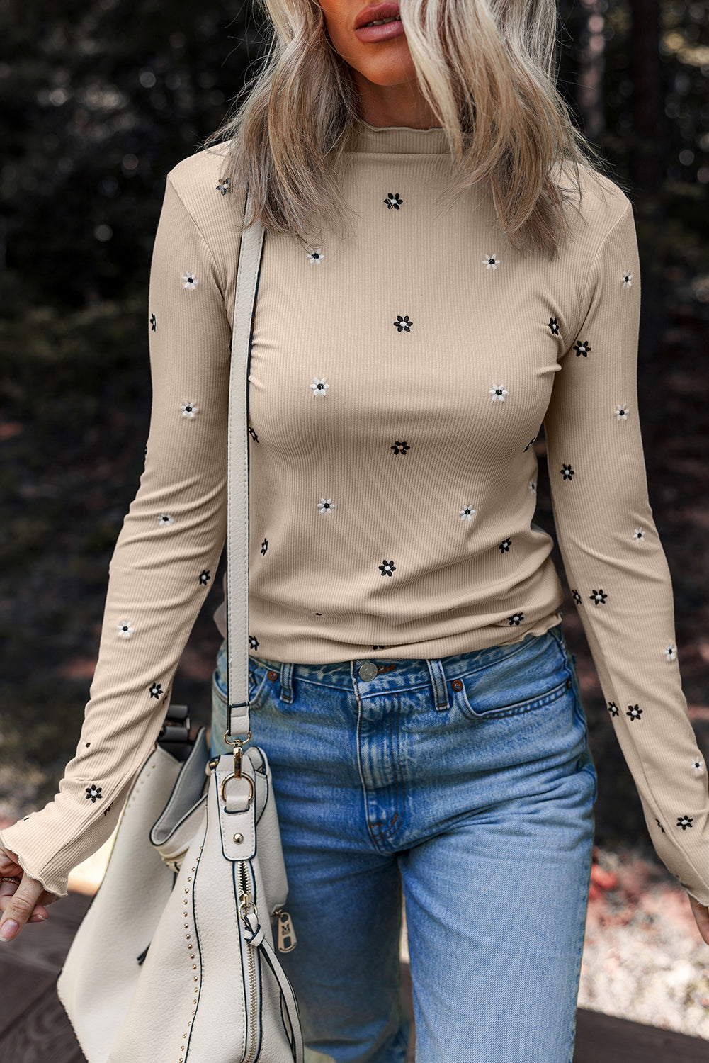 Jet Stream Floral Embroidered Detail Ribbed Long Sleeve Top