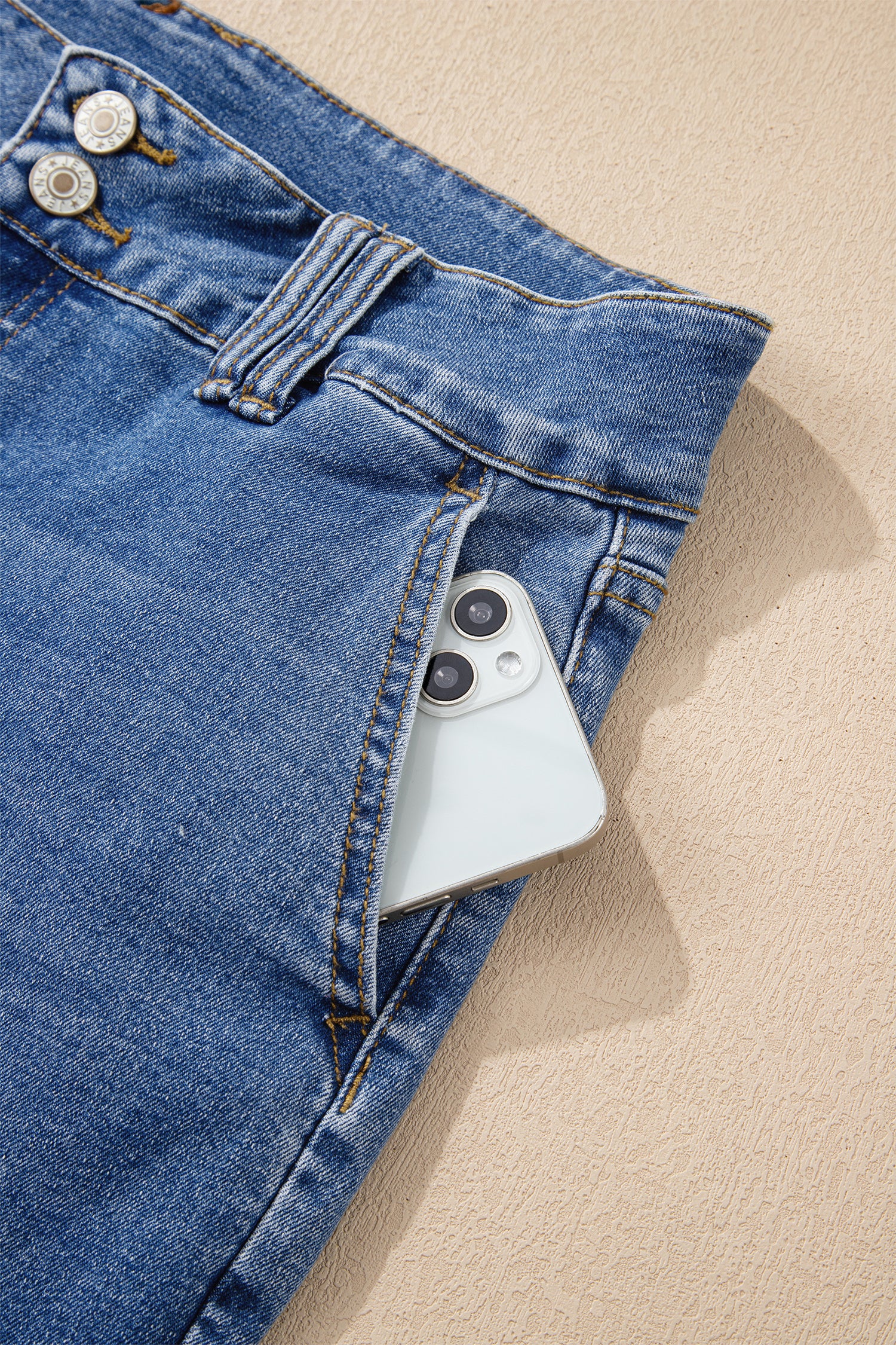 Sky Blue Double Button Zip Fly Straight Leg Jeans