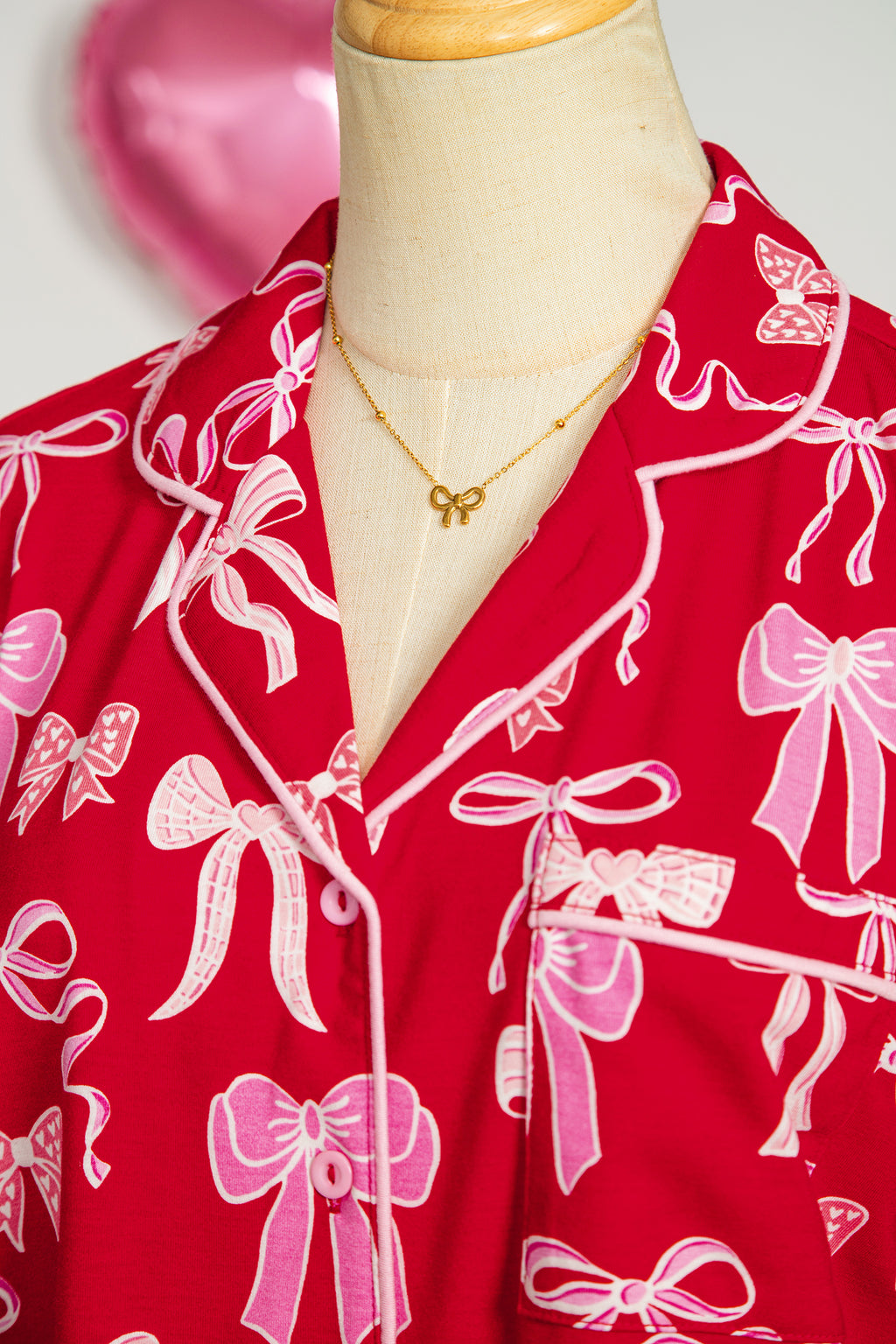 Red Sweet Bow Print Shirt Style Top Long 2pcs Pajama Set