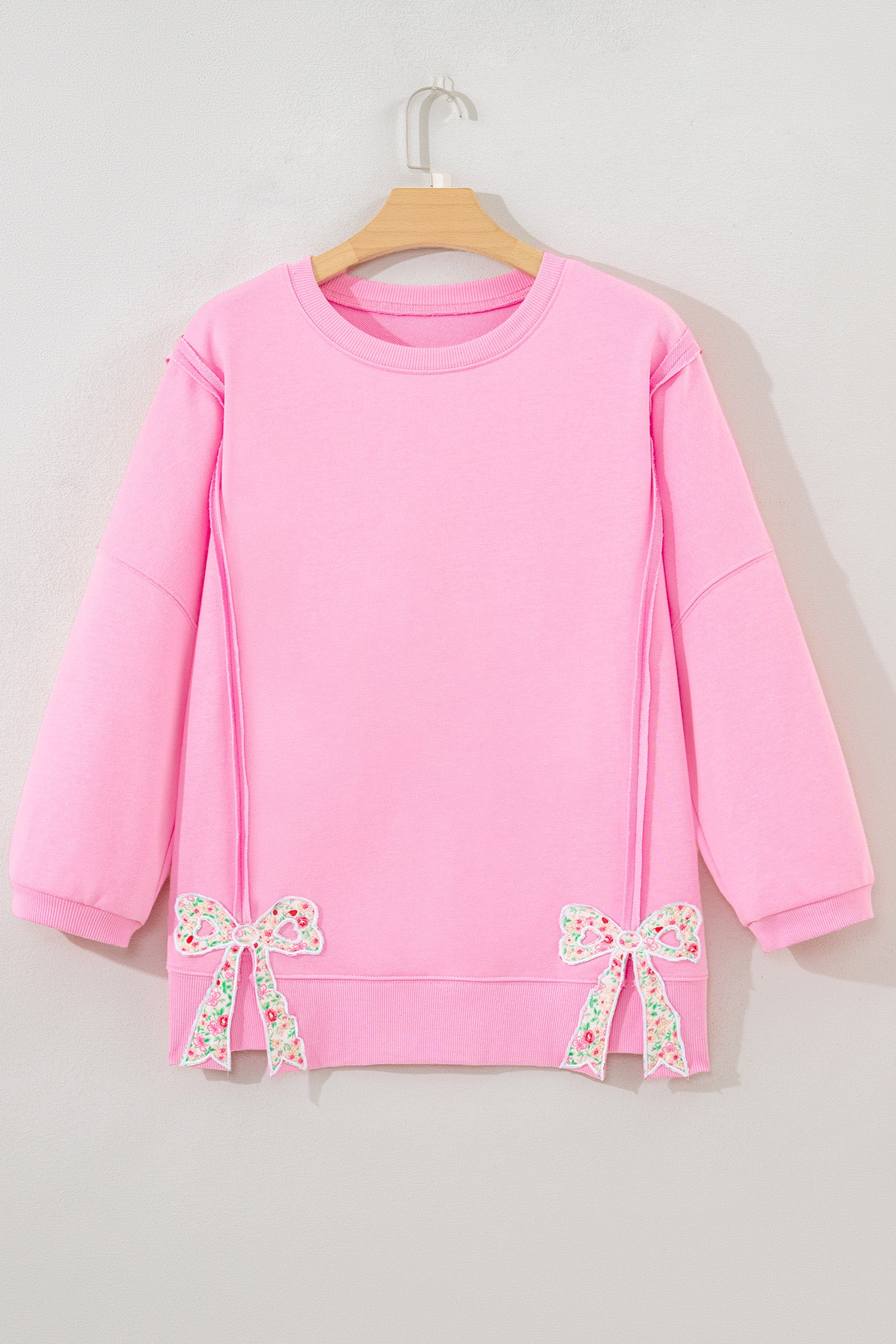 Pink Floral Bow Patched Exposed Seam Patchwork Slit Baggy Sweatshirt