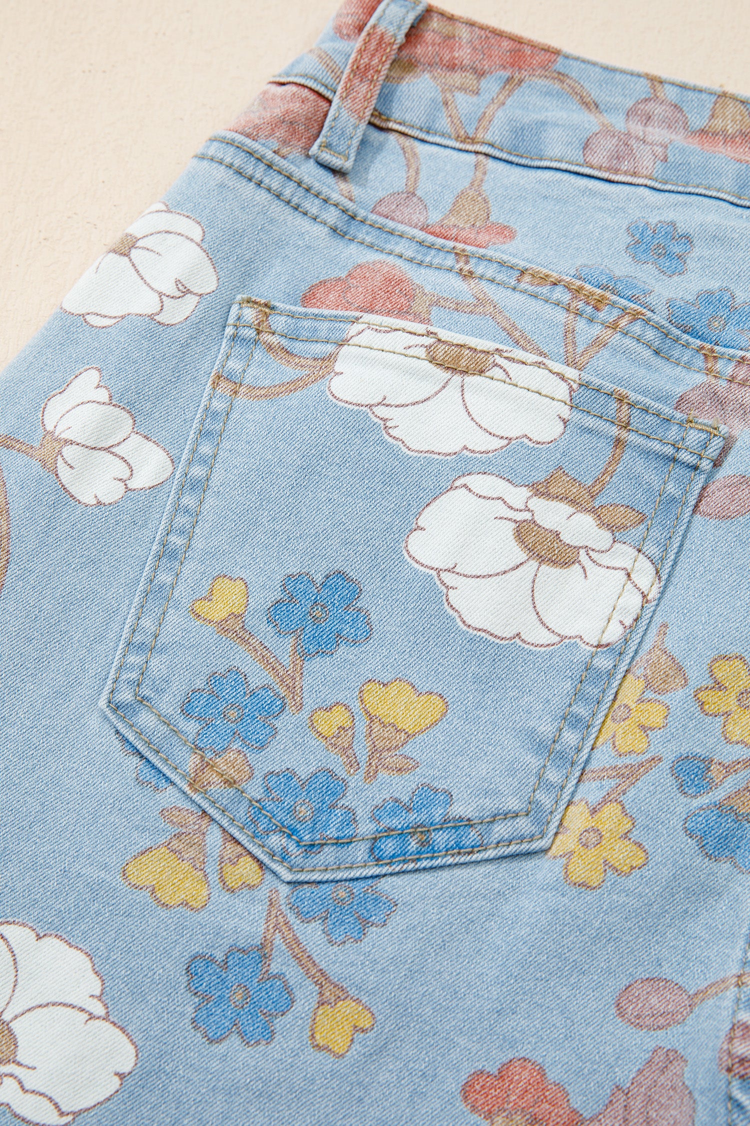 Sky Blue Floral Printed Raw Hem Shift Jeans