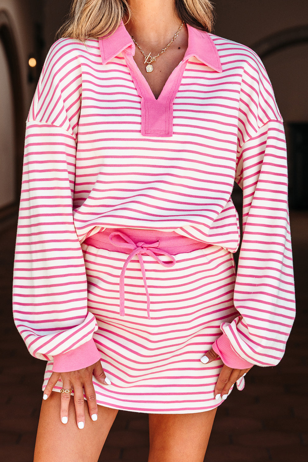 Pink Stripe Collared V Neck Drop Shoulder Pullover and Skort 2pcs Outfit