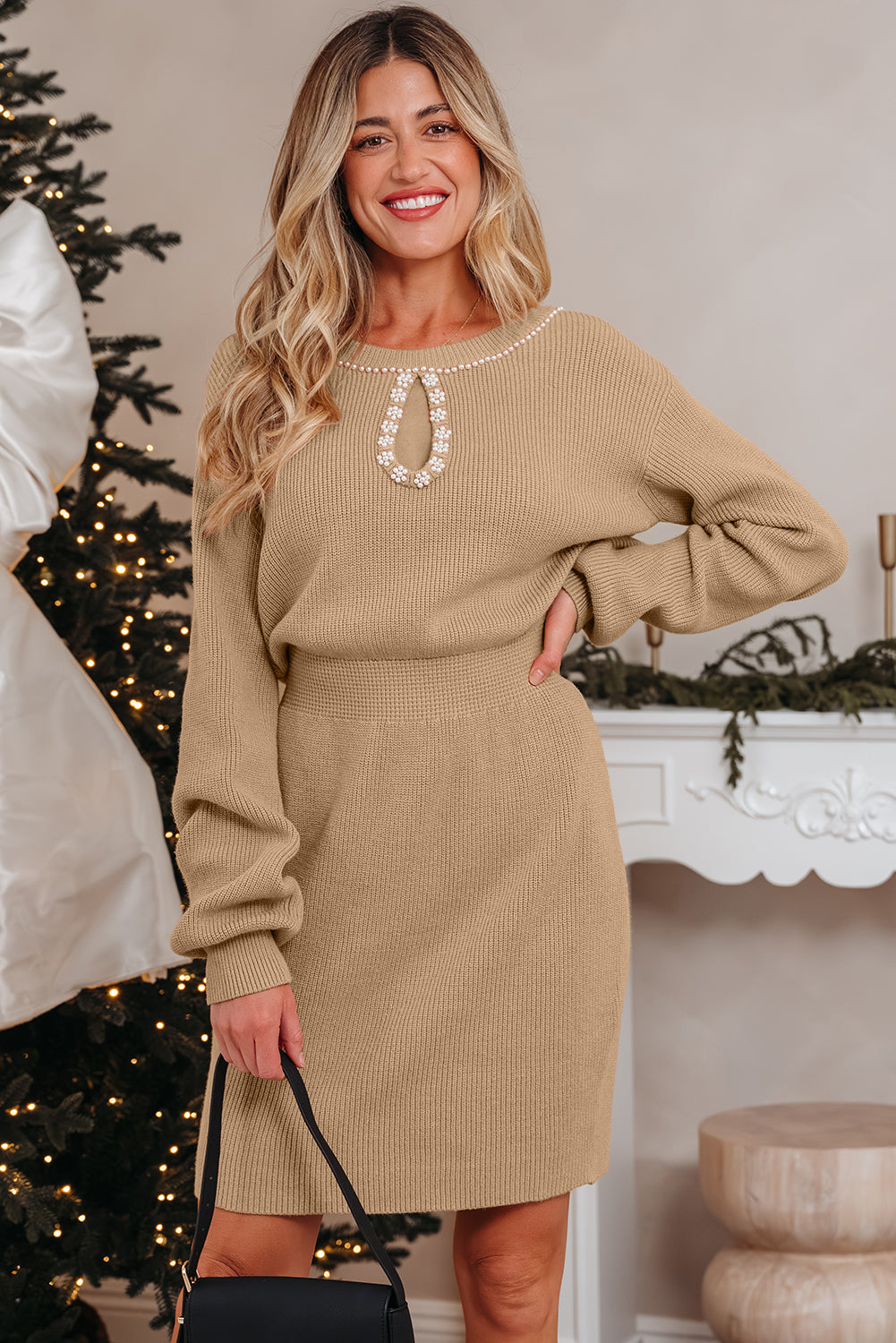 Smoke Gray Pearl Embellished Keyhole Ribbed Sweater Dress