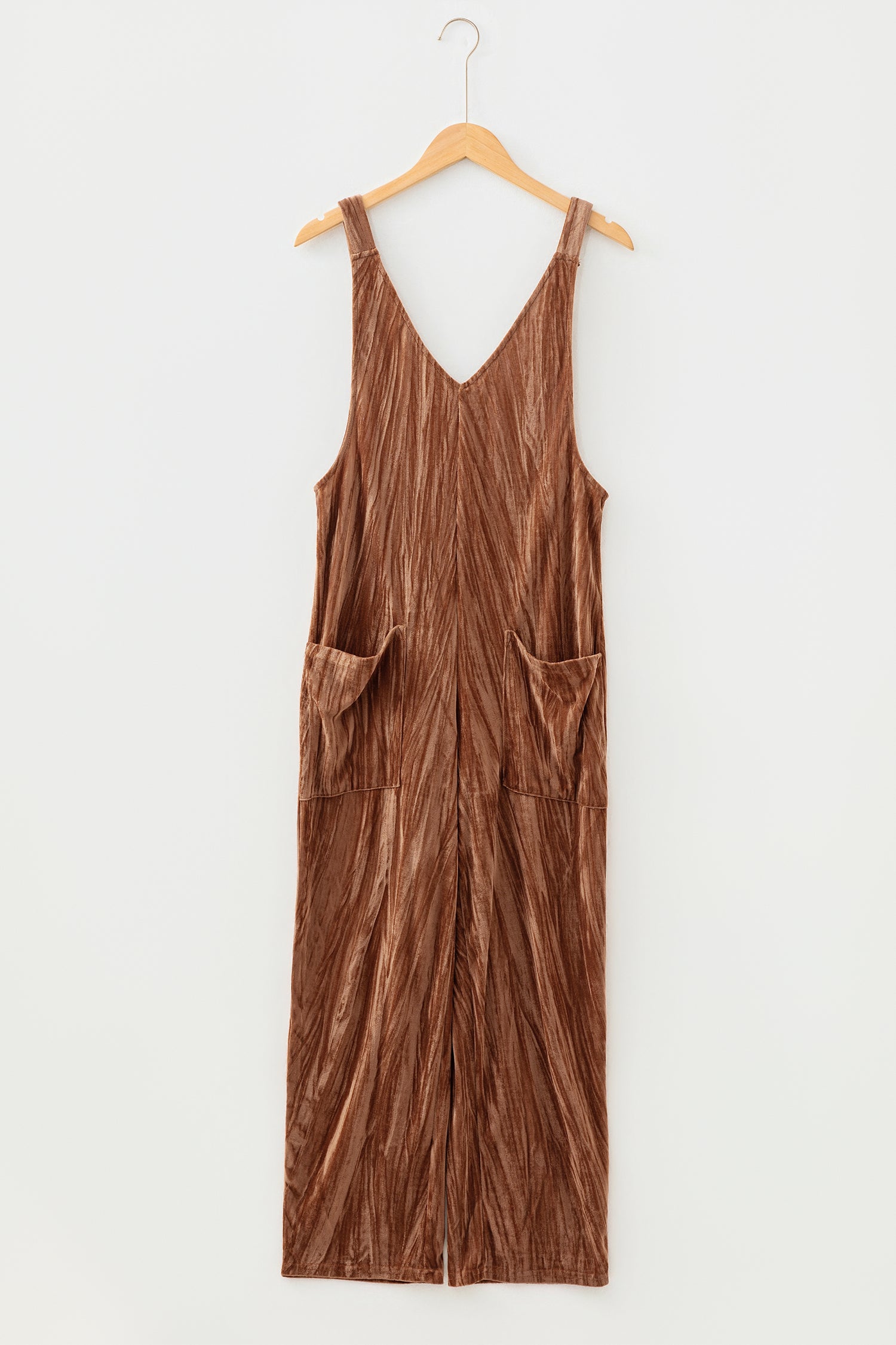Chicory Coffee Velvet Adjustable Straps Patched Pocket Sleeveless Jumpsuit