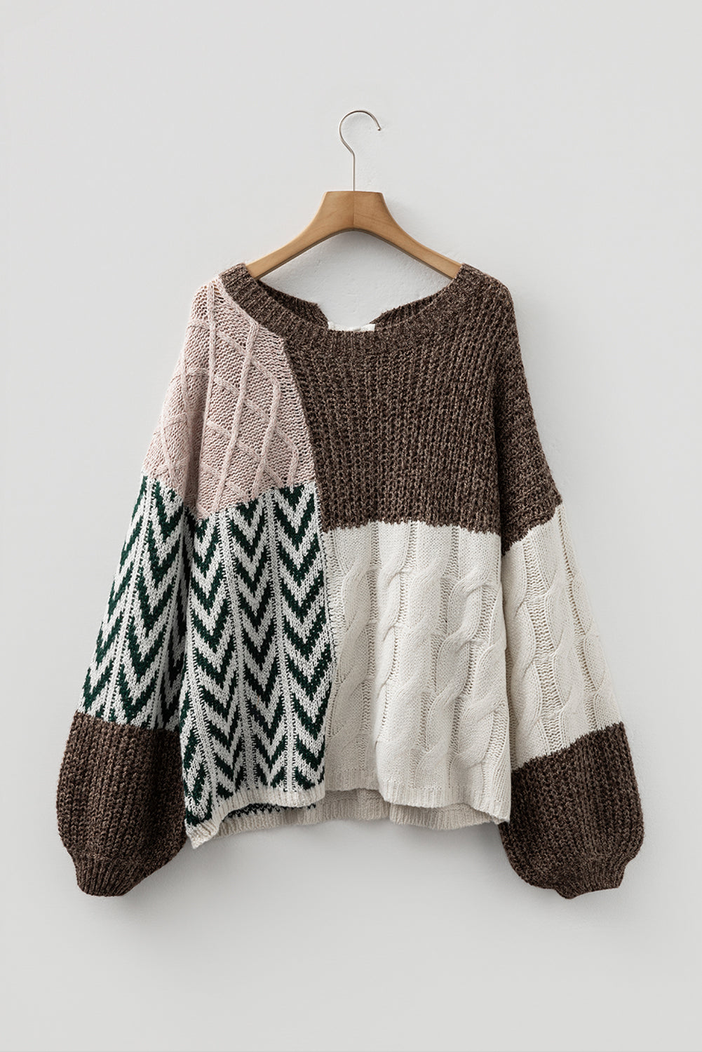 Brown Color Block Patchwork Knotted Back Loose Fit Sweater