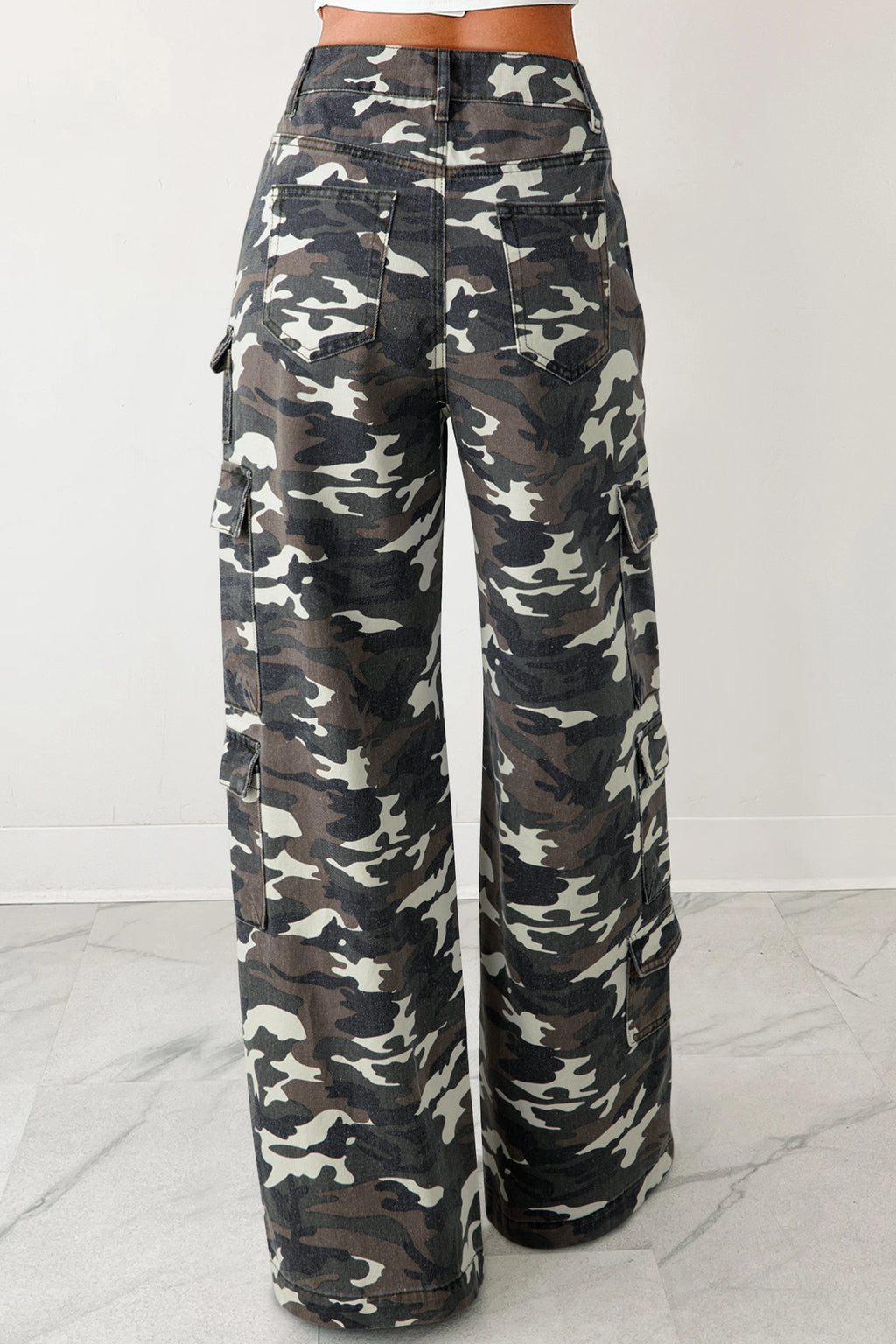 Green Camo Denim Cargo Wide Leg Pants