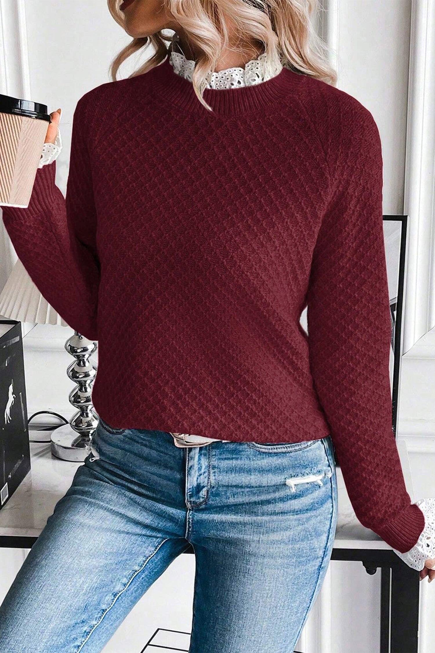 Burgundy Contrast Lace Frilled Trim Raglan Sleeve Sweater