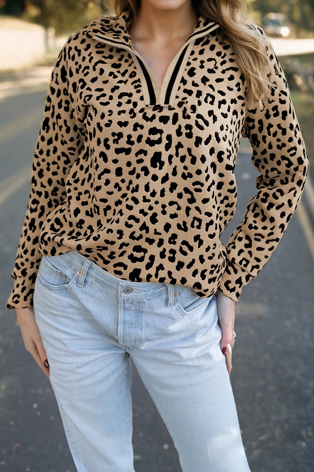 Parchment Leopard Polo Collar V Neck Pullover Top