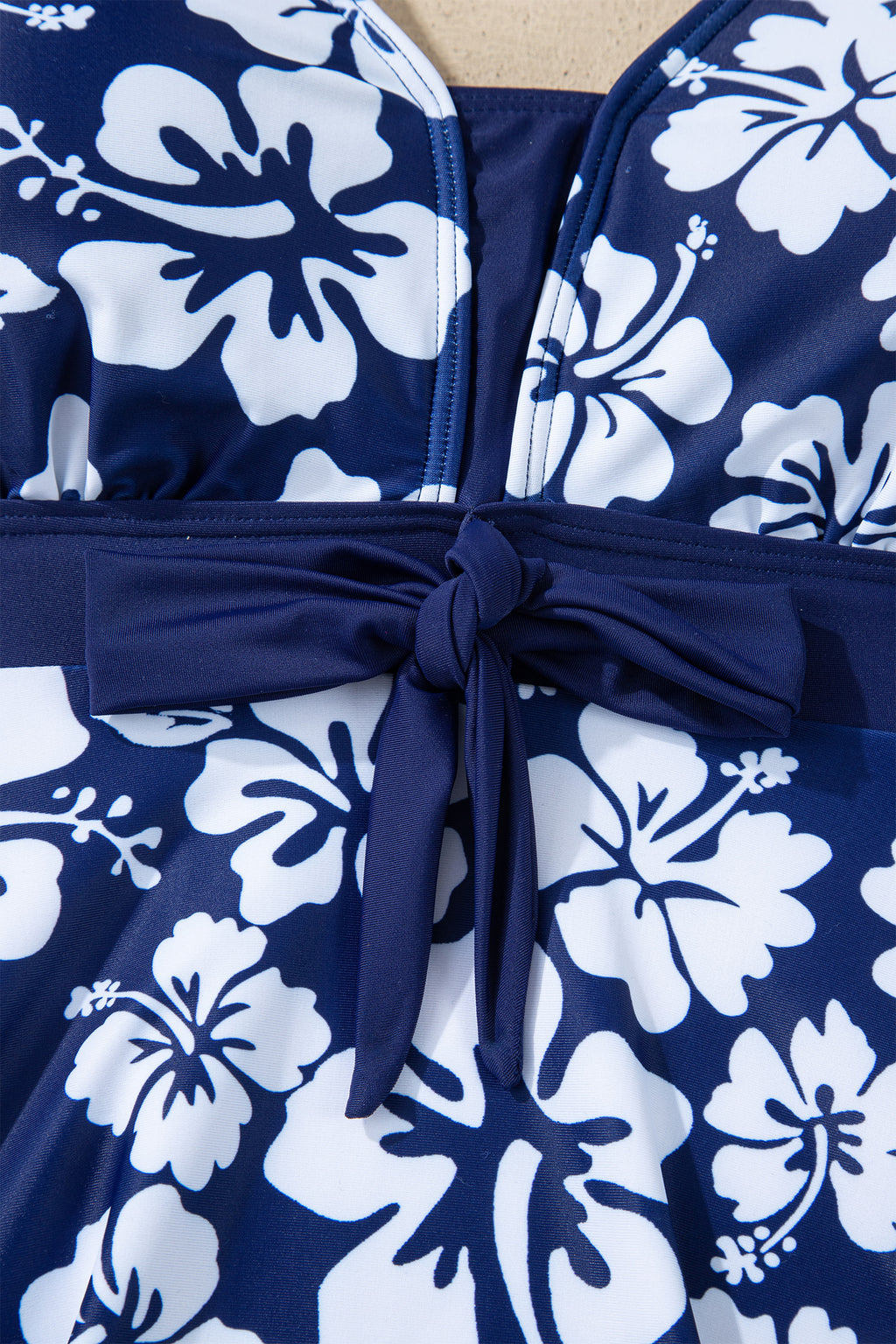 Blue Floral Print Patchwork Bow Knot Detail Sleeveless Swim Dress