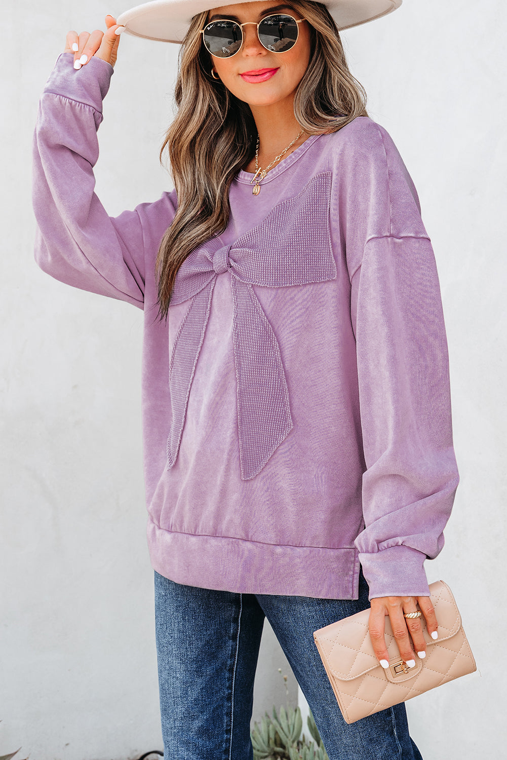 Orchid Bouquet Mineral Wash Big Bow Patchwork Pullover Sweatshirt