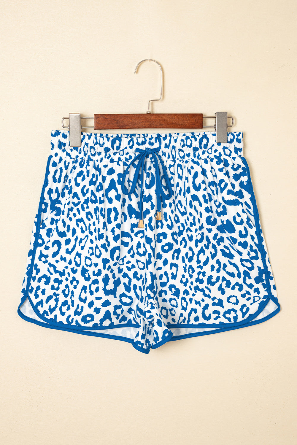 Blue Leopard Elastic Waistband Lace up Contrast Trim Casual Shorts
