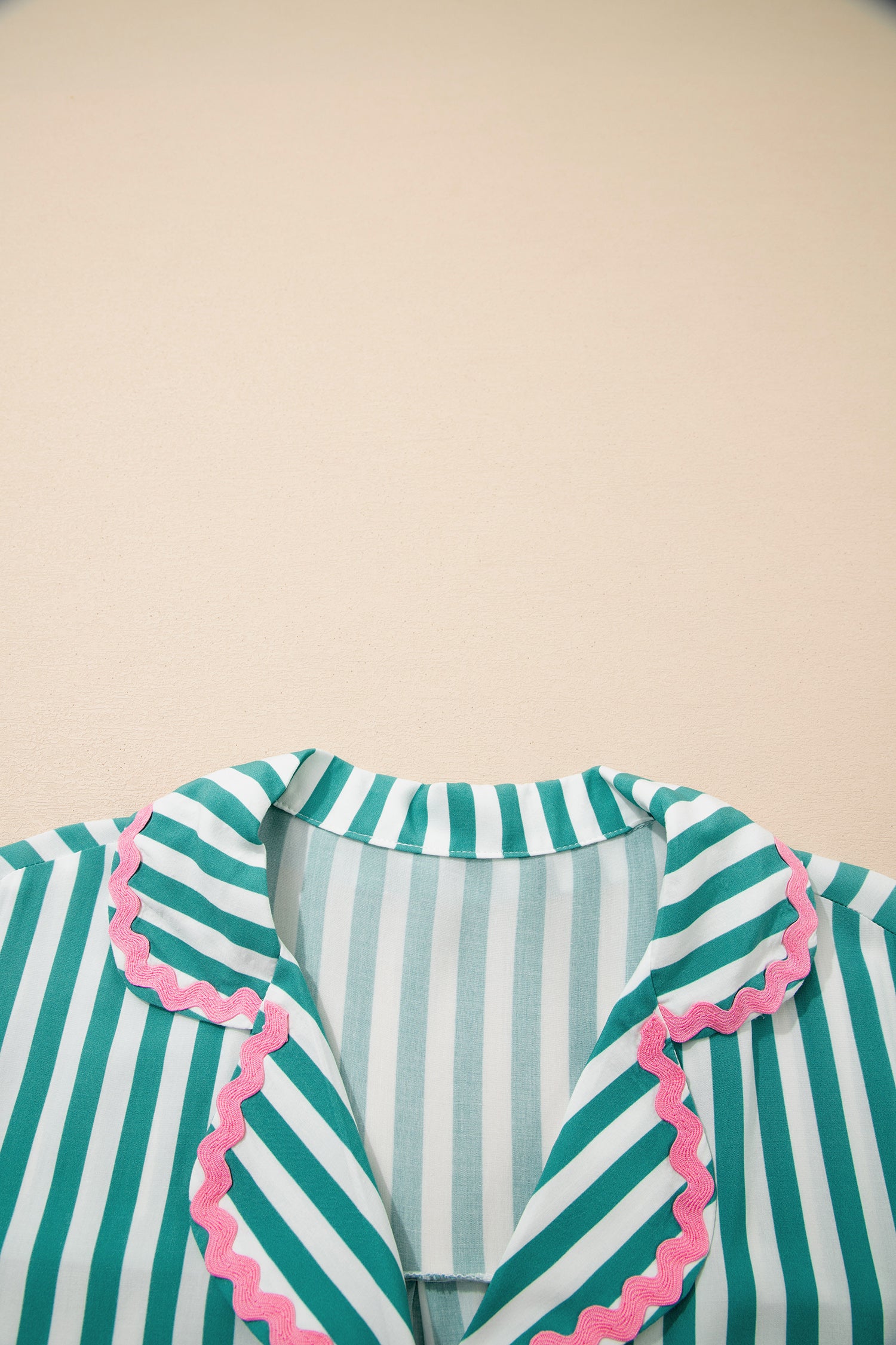 Green Stripe Contrast Ricrac Trim Long Sleeve Shirt Drawstring Ruffled Pajama Short Set