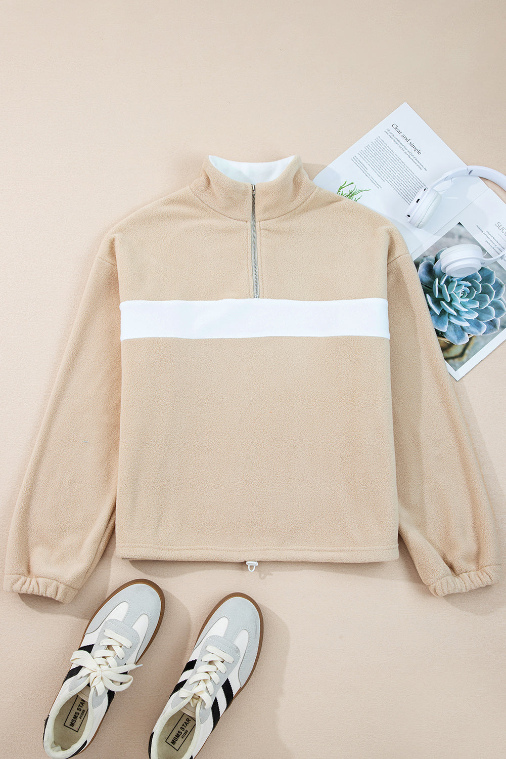 Parchment Fleece Colorblock Patchwork Zipped Neck Pullover Sweatshirt