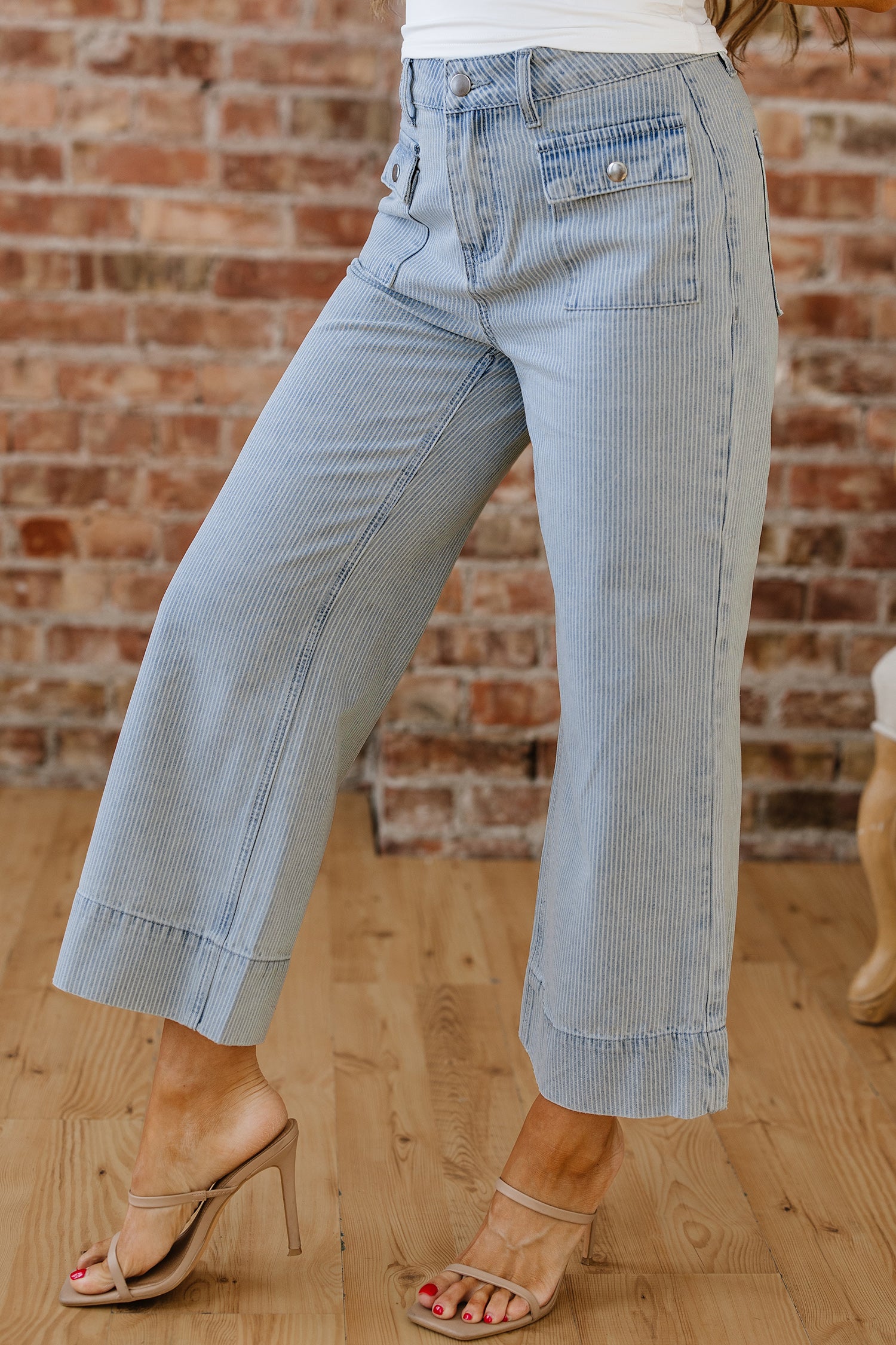 Sky Blue Stripe Button Flap Pocket Cuffed Hem Wide Leg Jeans
