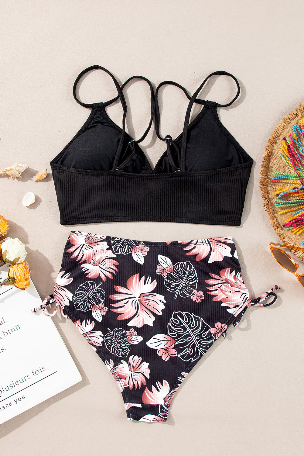 Black Ribbed Knit High Waist 2pcs Bikini Swimsuit