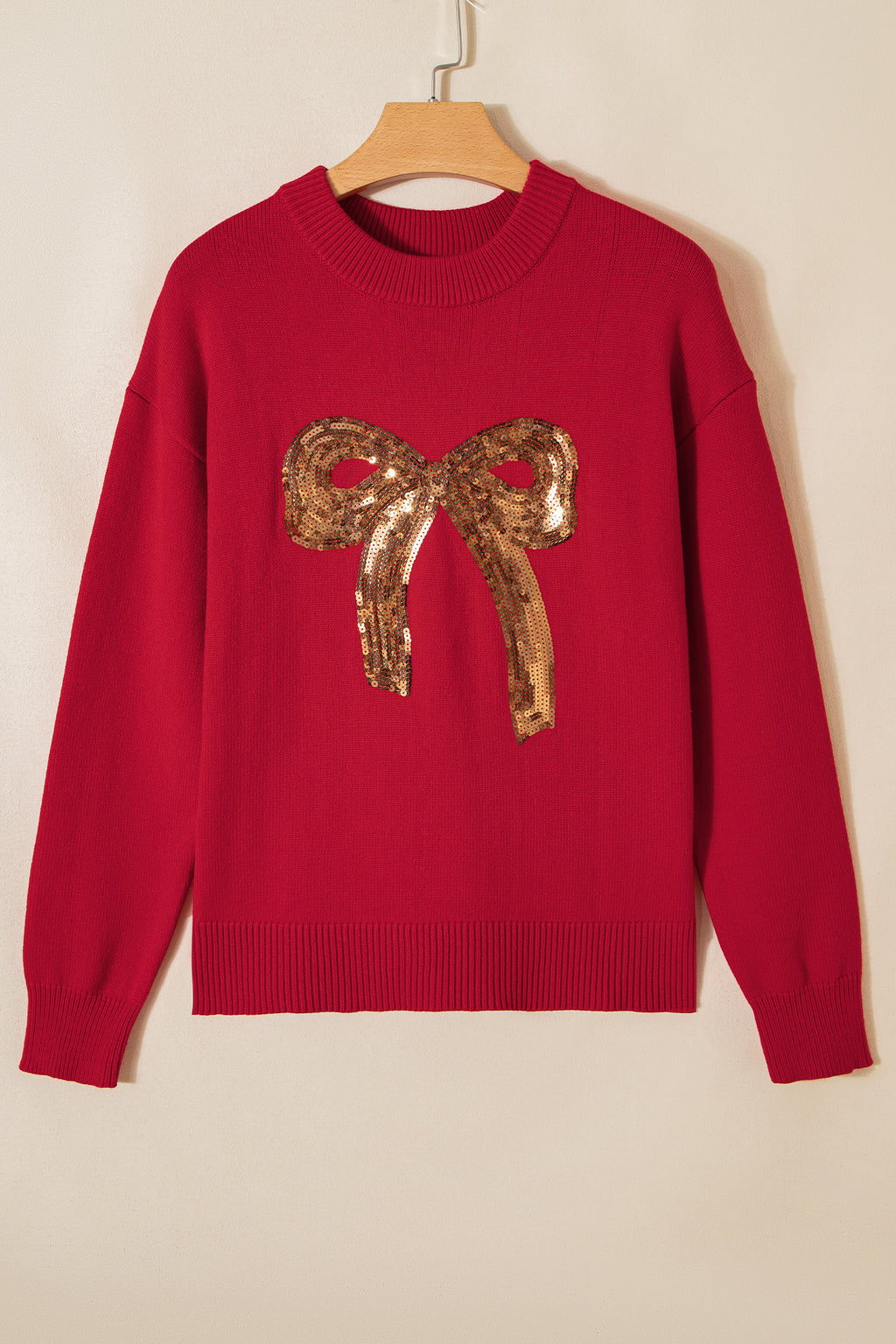 Fiery Red Sequined Bow Graphic Christmas Holiday Sweater