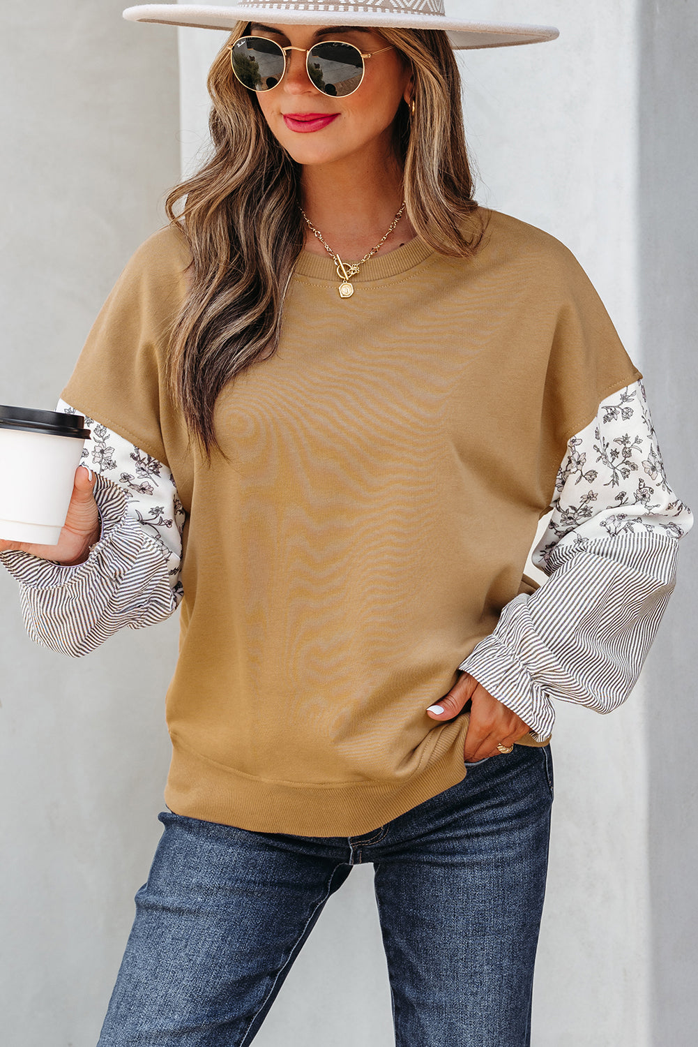 Camel Floral Striped Patchwork Ruffled Sleeve Crew Neck Sweatshirt