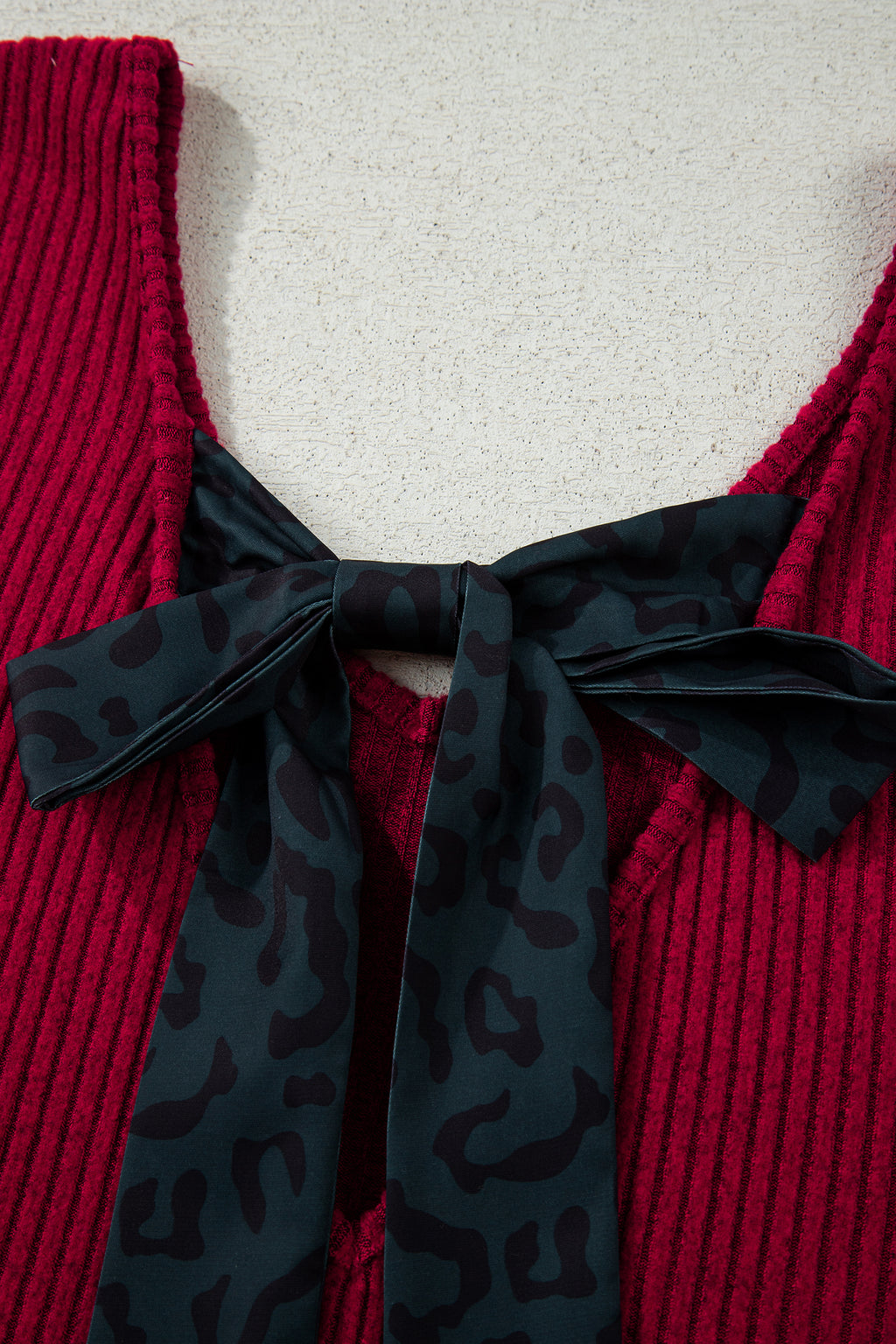 Racing Red Ribbed V Neck Contrast Ribbon Bow Back Drop Shoulder Long Sleeve Top