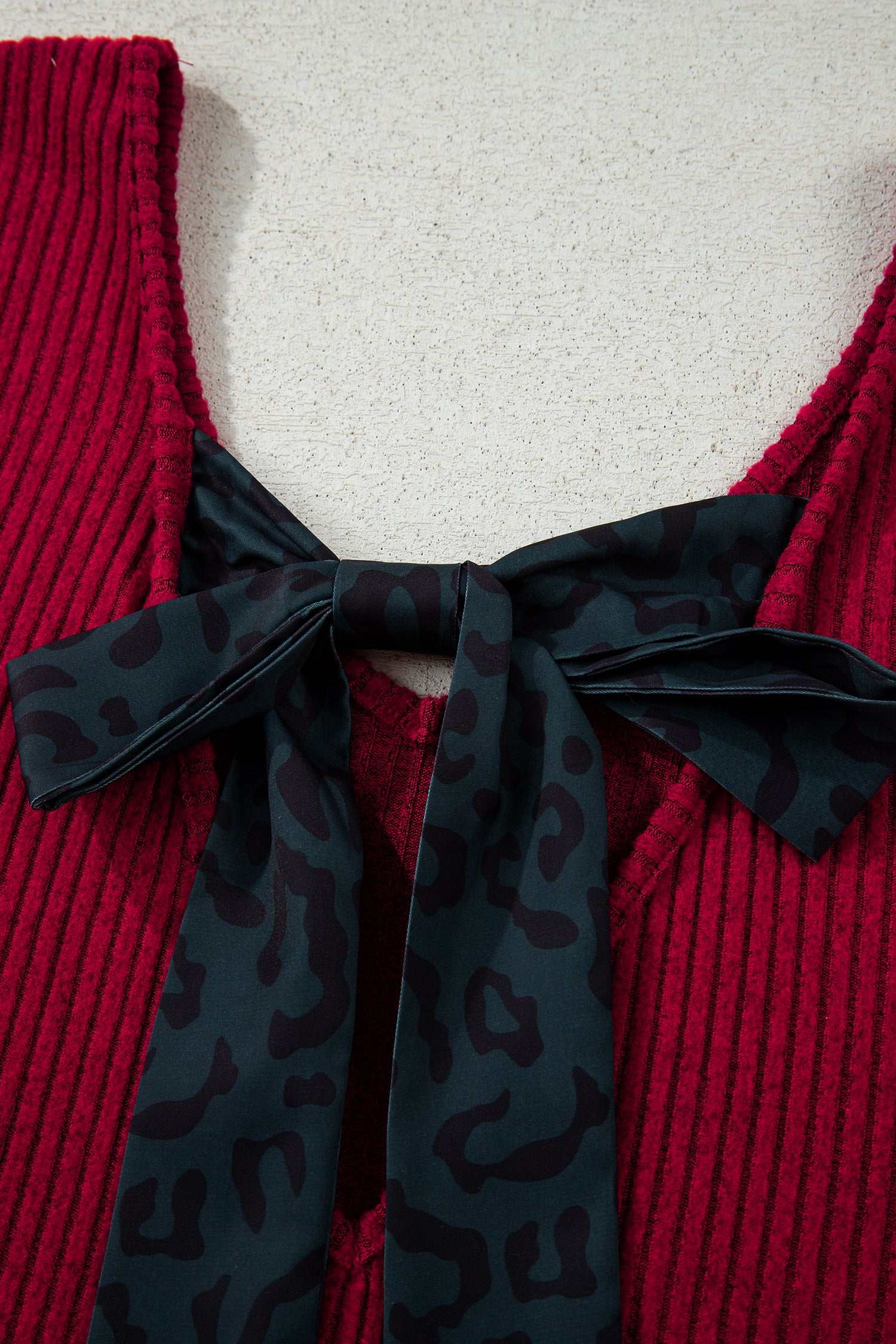 Racing Red Ribbed V Neck Contrast Ribbon Bow Back Drop Shoulder Long Sleeve Top