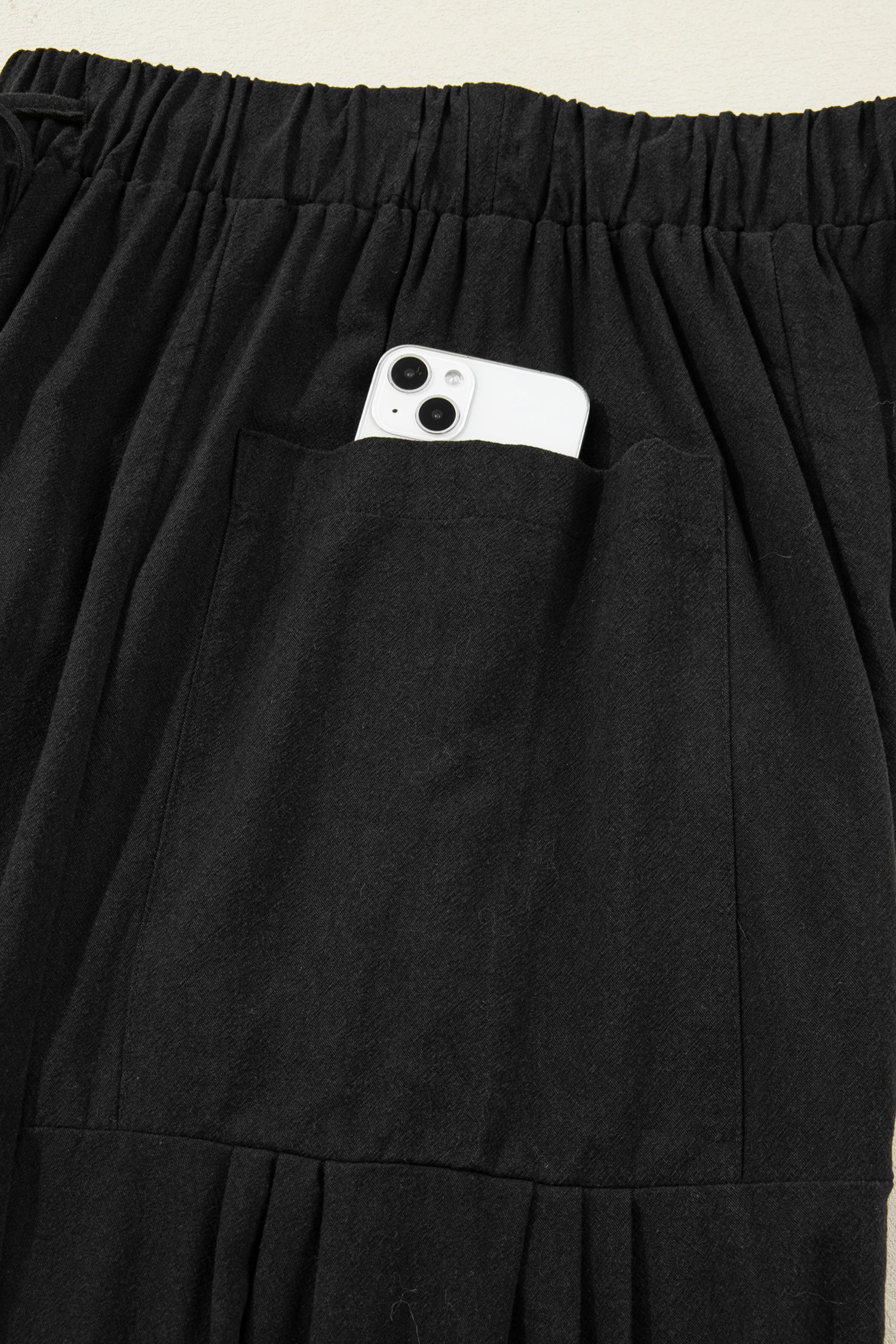 Black Drawstring Elastic Waist Patch Pocket Barrel Leg Casual Pants