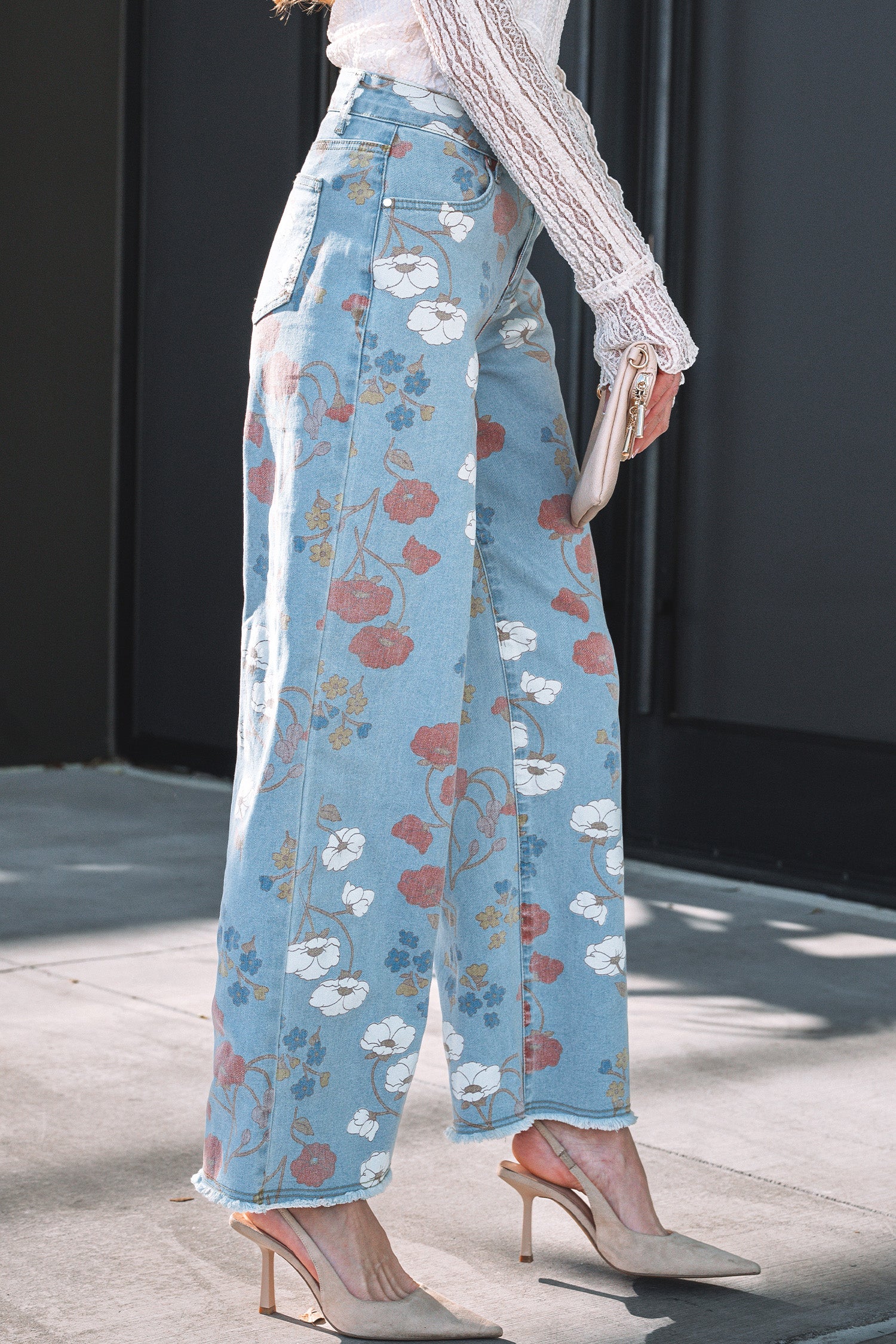 Sky Blue Floral Printed Raw Hem Shift Jeans