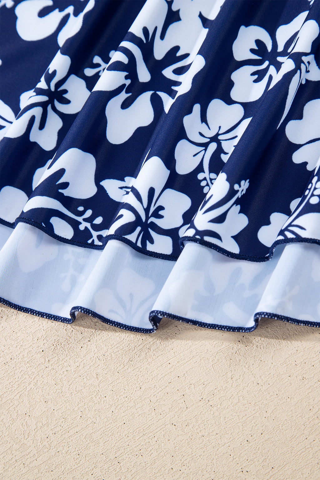 Blue Floral Print Patchwork Bow Knot Detail Sleeveless Swim Dress