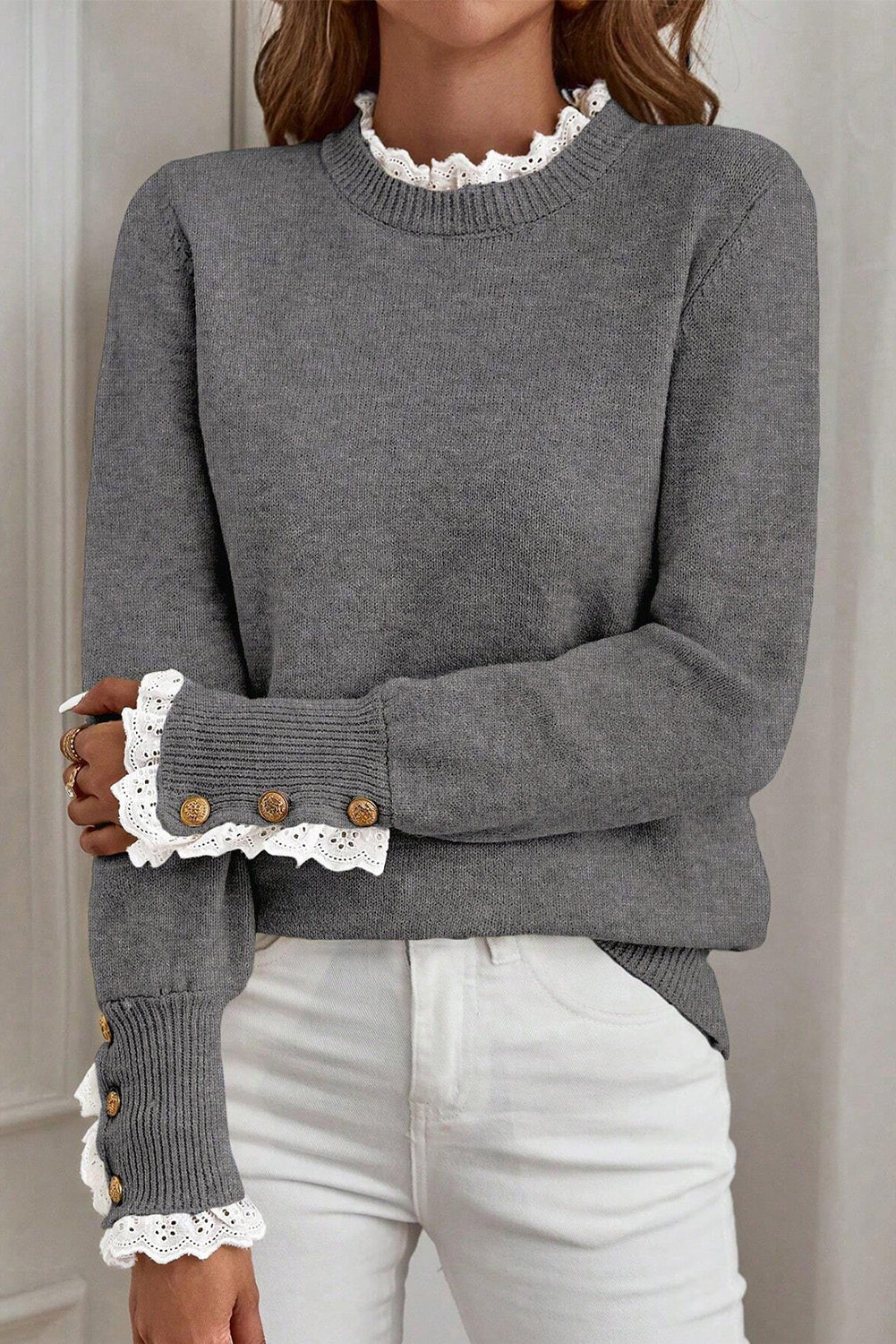 Sleet Lace Trim Patchwork Buttoned Cuffs Loose Sweater