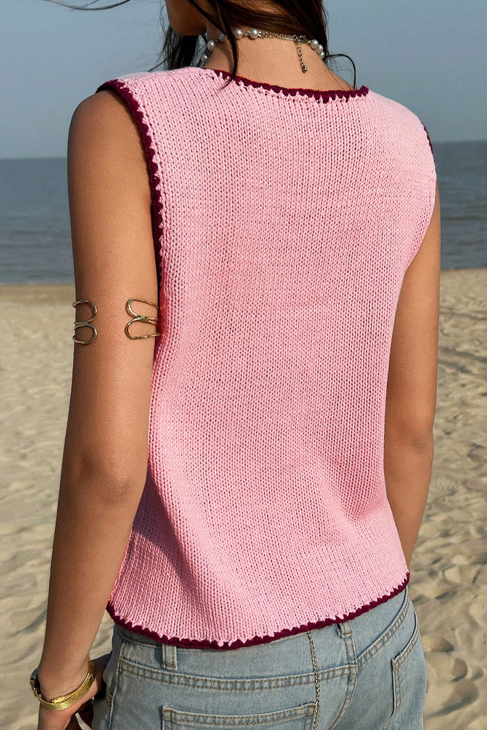 Pink Contrast Trim Buttoned Front Sweater Vest
