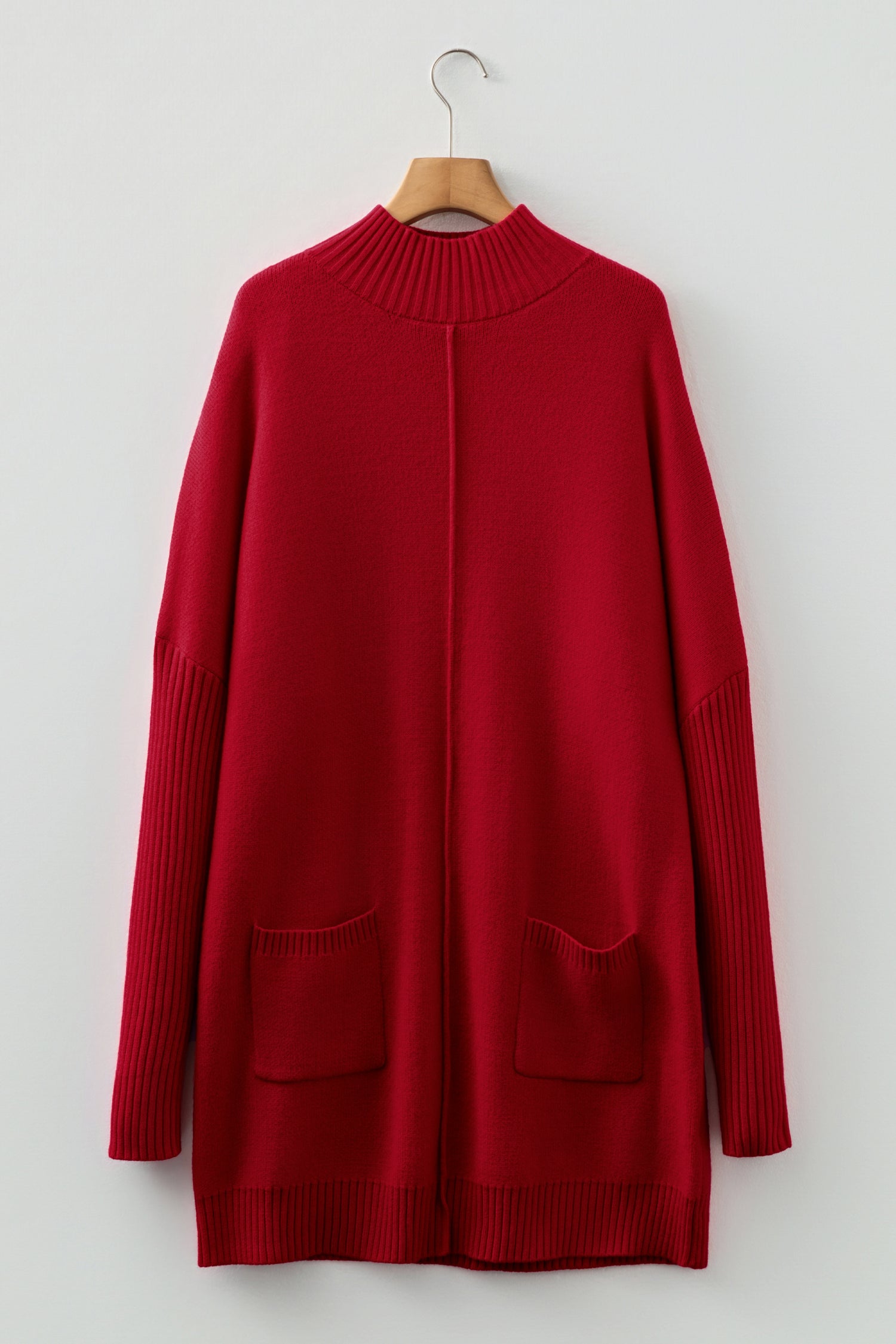 Fiery Red Ribbed High Neck Front Pockets Center Seam Shift Sweater Dress