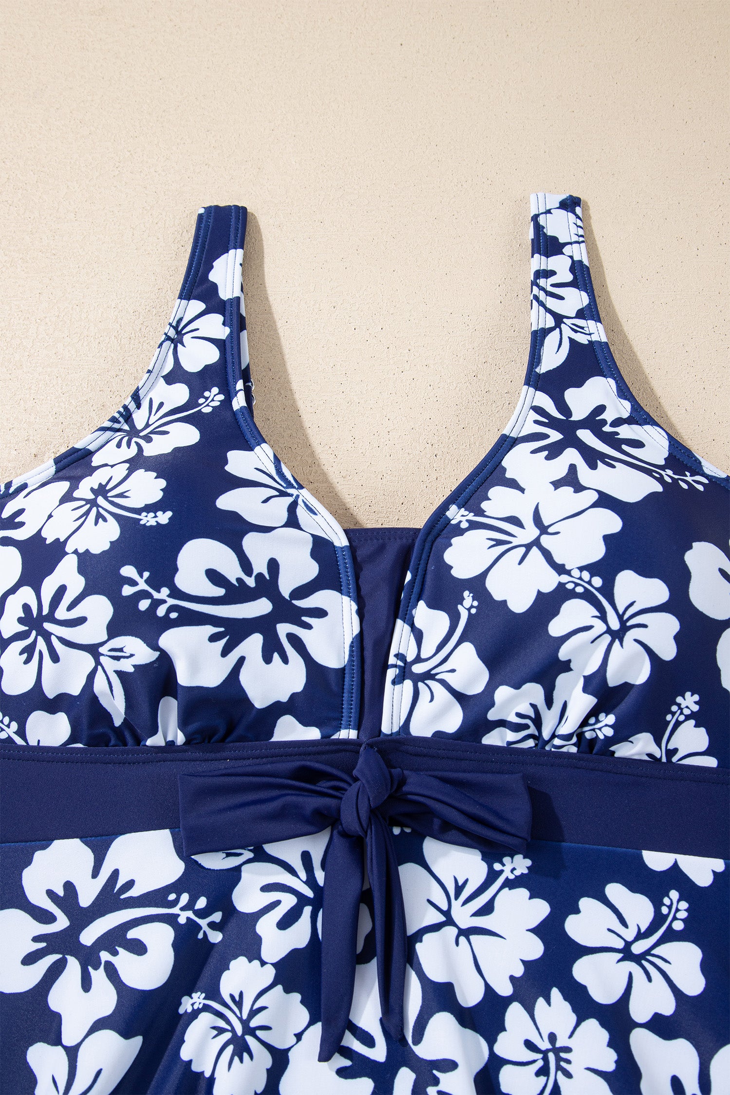 Blue Floral Print Patchwork Bow Knot Detail Sleeveless Swim Dress