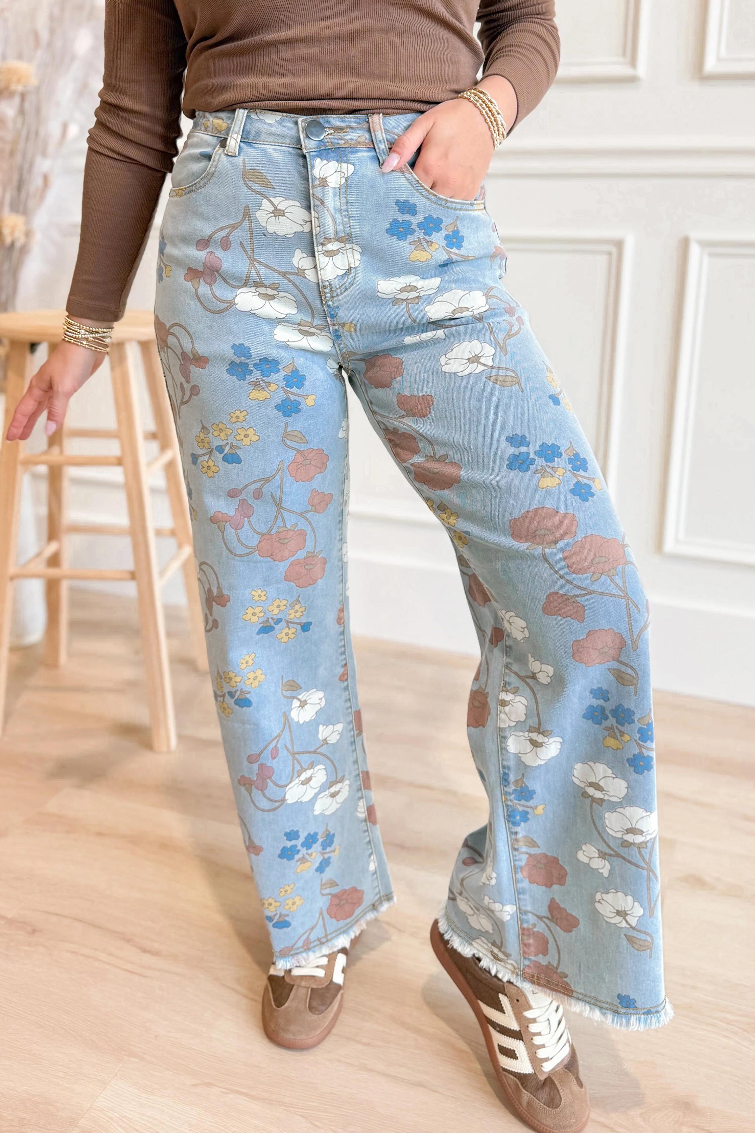 Sky Blue Floral Printed Raw Hem Shift Jeans