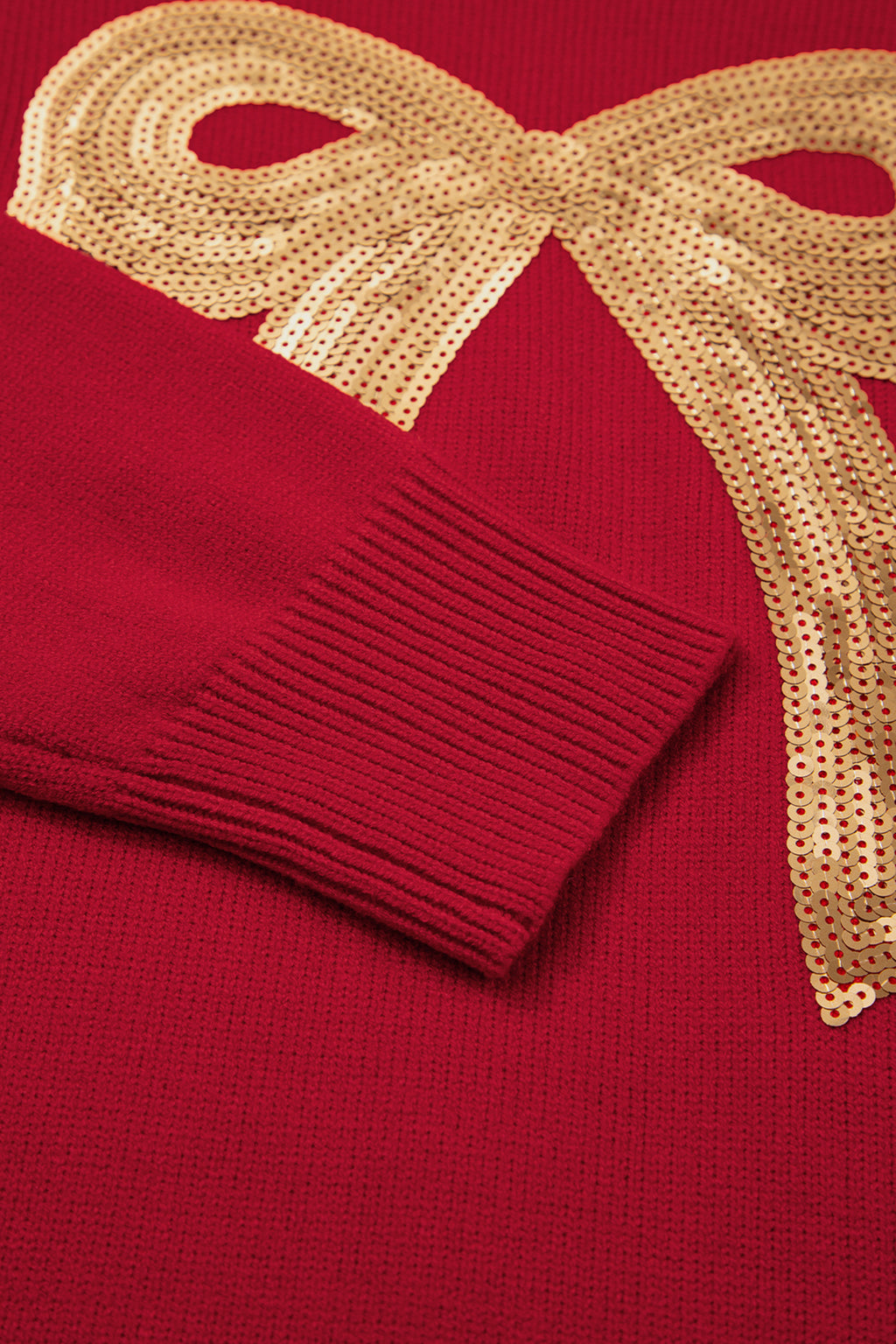 Fiery Red Sequined Bow Graphic Christmas Holiday Sweater