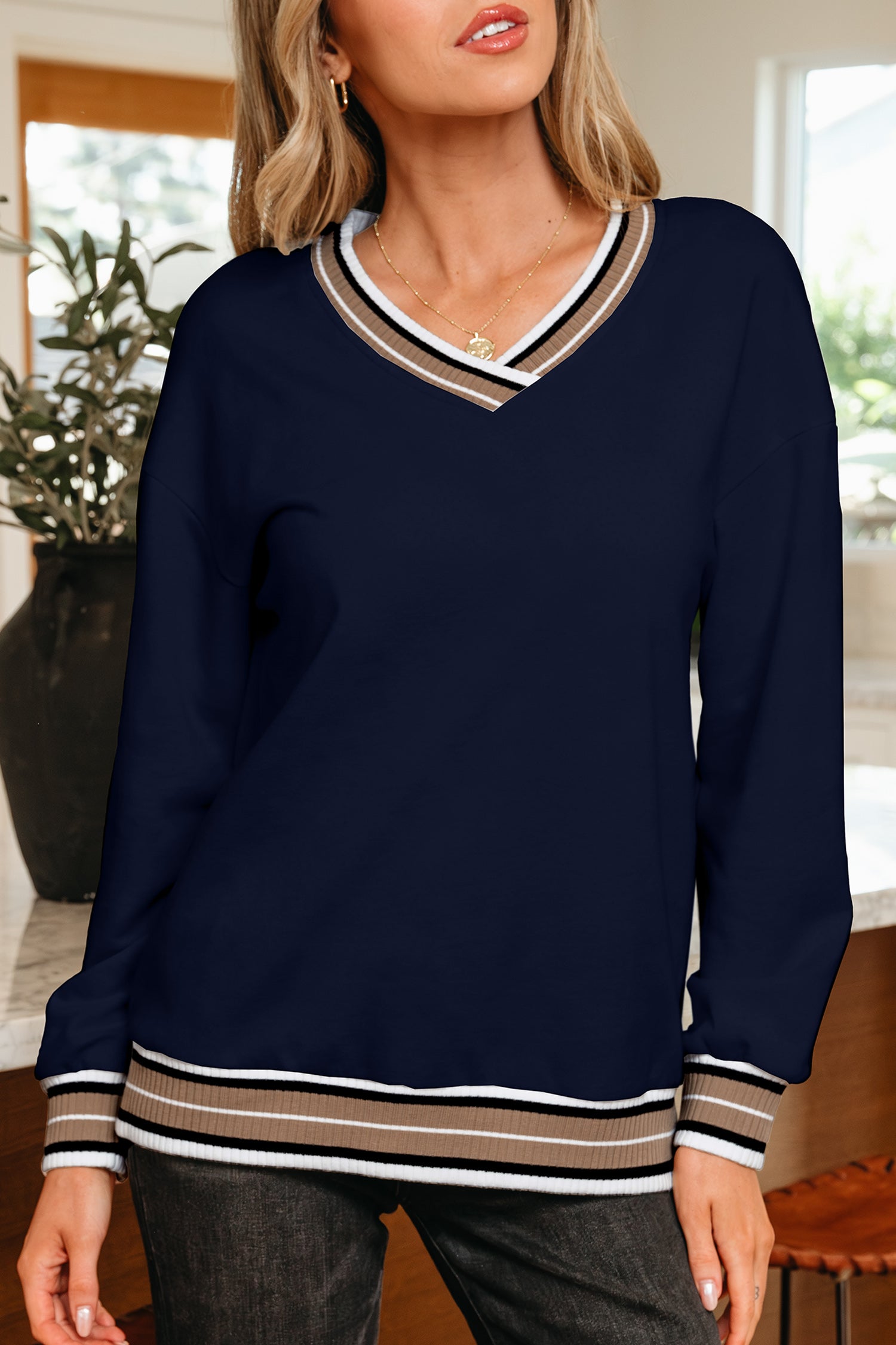 Navy Blue Varsity Contrast Striped Trim V Neck Sweatshirt
