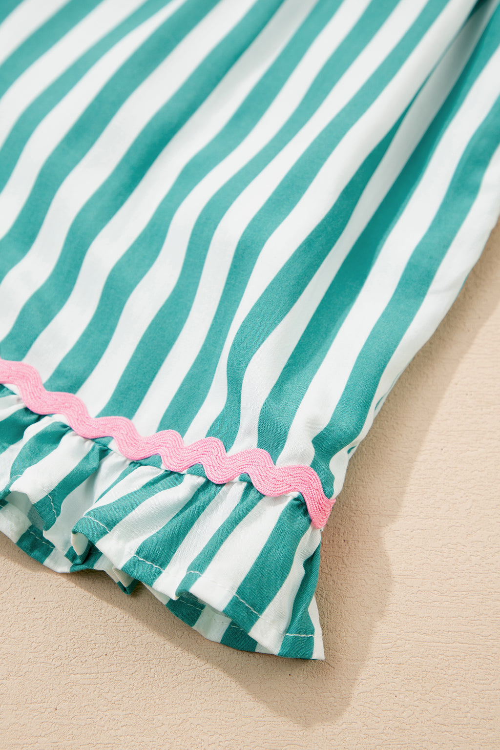 Green Stripe Contrast Ricrac Trim Long Sleeve Shirt Drawstring Ruffled Pajama Short Set