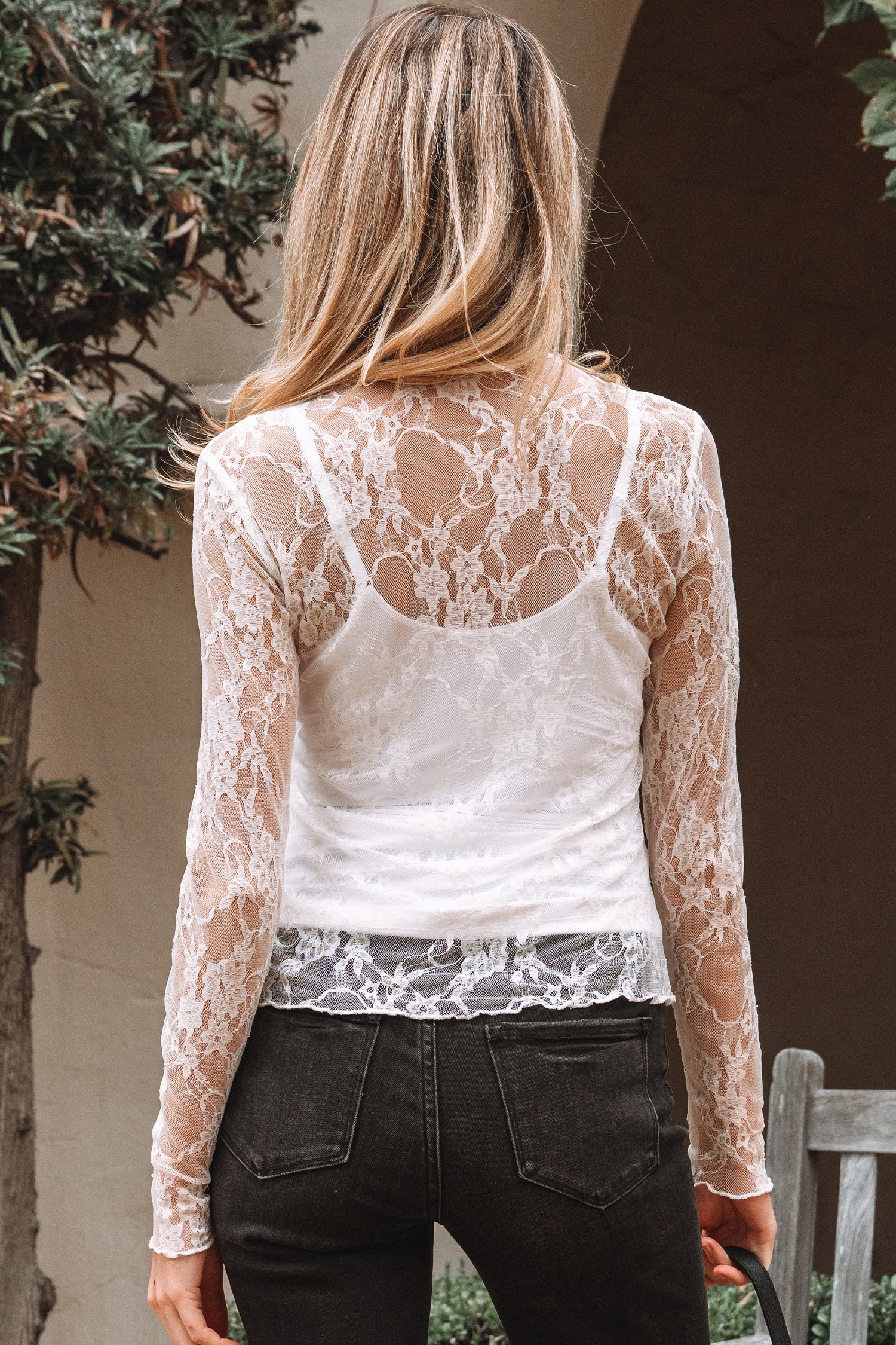 White Sheer Lace Mesh Mock Neck Slim Fit Long Sleeve Top